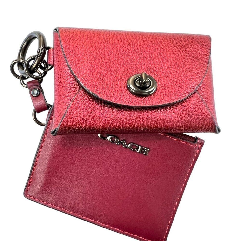 Coach Rare NWOT Dual Card Case Red Metallic Leather Card Case & Key Ring - Picture 2 of 12